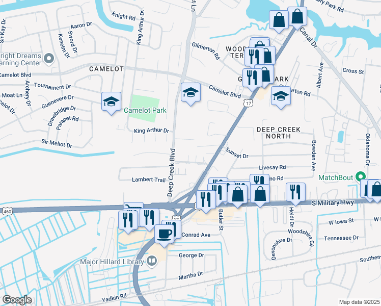map of restaurants, bars, coffee shops, grocery stores, and more near 2701 Elkhart Street in Chesapeake