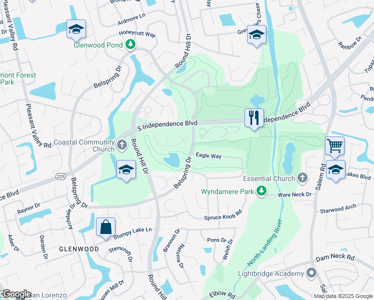 map of restaurants, bars, coffee shops, grocery stores, and more near 2213 Timberdale Court in Virginia Beach