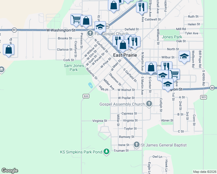 map of restaurants, bars, coffee shops, grocery stores, and more near 100-104 High Place in East Prairie