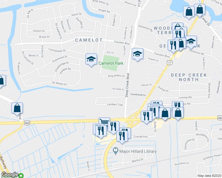 map of restaurants, bars, coffee shops, grocery stores, and more near 2833 North Creek Drive in Chesapeake