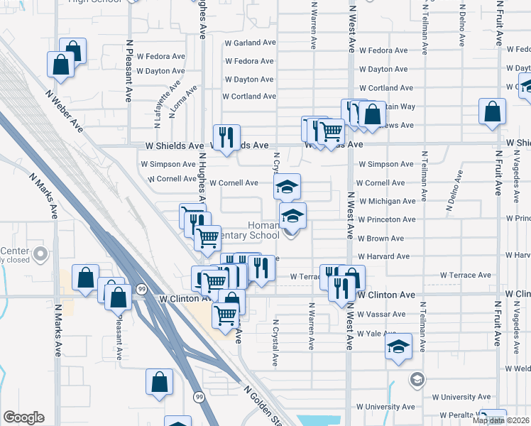 map of restaurants, bars, coffee shops, grocery stores, and more near 1806 West Homan Avenue in Fresno