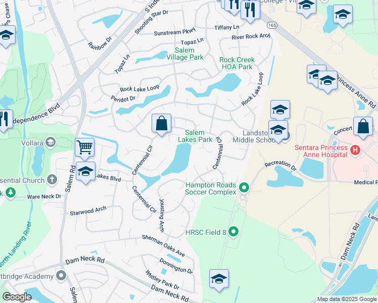 map of restaurants, bars, coffee shops, grocery stores, and more near 3829 Huey Court in Virginia Beach