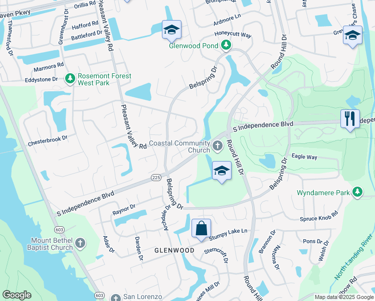 map of restaurants, bars, coffee shops, grocery stores, and more near 1177 Beaver Falls Court in Virginia Beach