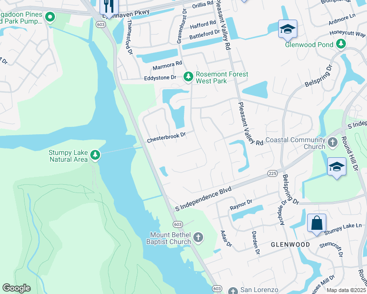 map of restaurants, bars, coffee shops, grocery stores, and more near 1413 Glenwood Links Lane in Virginia Beach