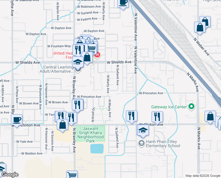 map of restaurants, bars, coffee shops, grocery stores, and more near 3590 West Princeton Avenue in Fresno