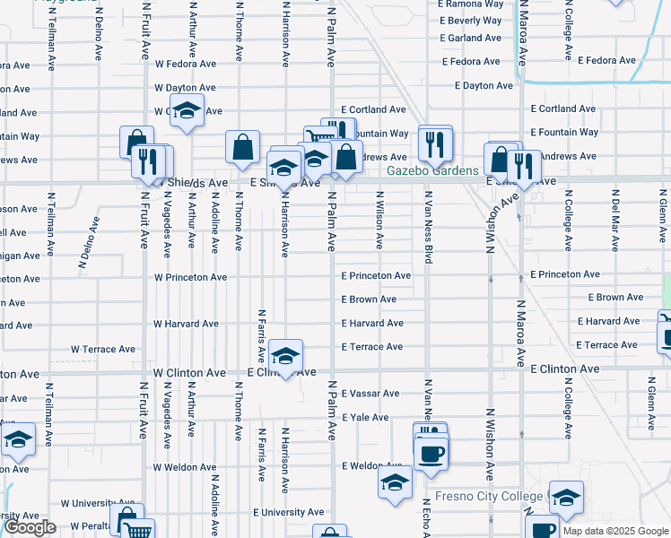 map of restaurants, bars, coffee shops, grocery stores, and more near 324 East Princeton Avenue in Fresno