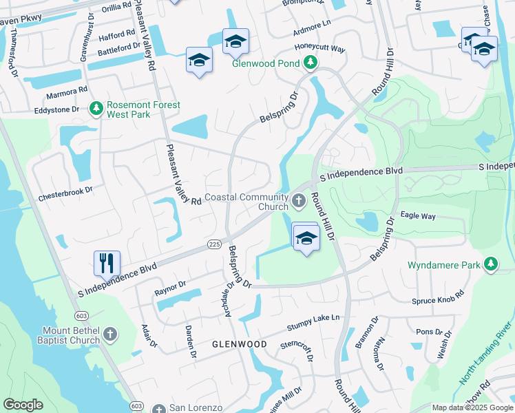 map of restaurants, bars, coffee shops, grocery stores, and more near 1177 Beaver Falls Court in Virginia Beach