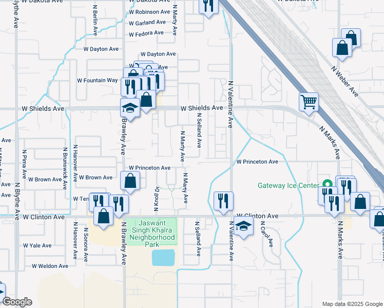 map of restaurants, bars, coffee shops, grocery stores, and more near 3519 West Michigan Avenue in Fresno