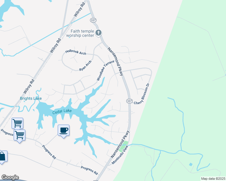 map of restaurants, bars, coffee shops, grocery stores, and more near 209 Jennifer Court in Suffolk