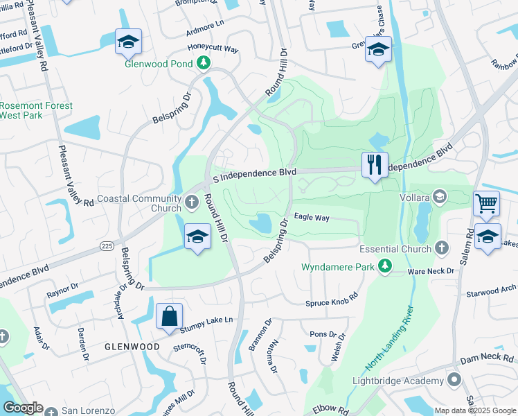 map of restaurants, bars, coffee shops, grocery stores, and more near 1041 Rolling Point Court in Virginia Beach