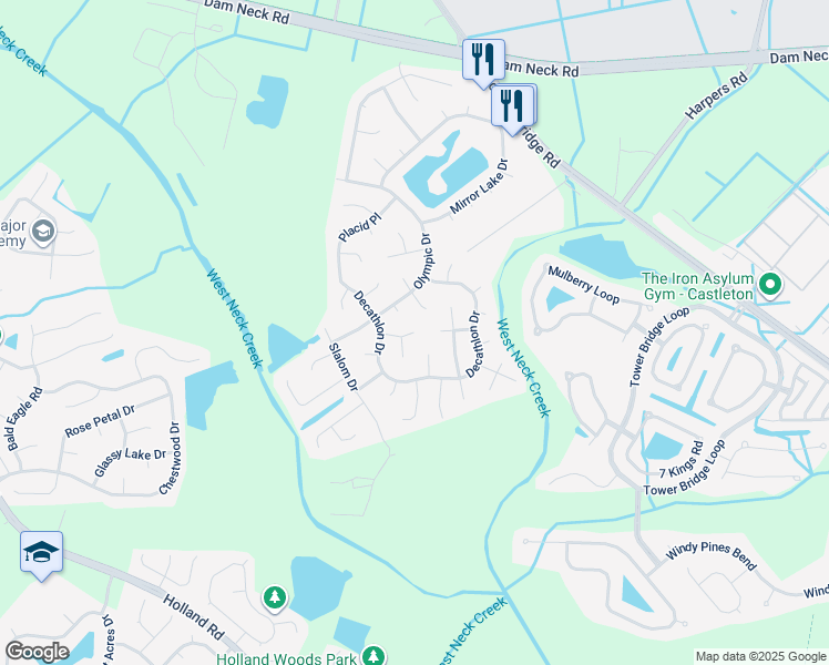 map of restaurants, bars, coffee shops, grocery stores, and more near 2624 Hamill Court in Virginia Beach