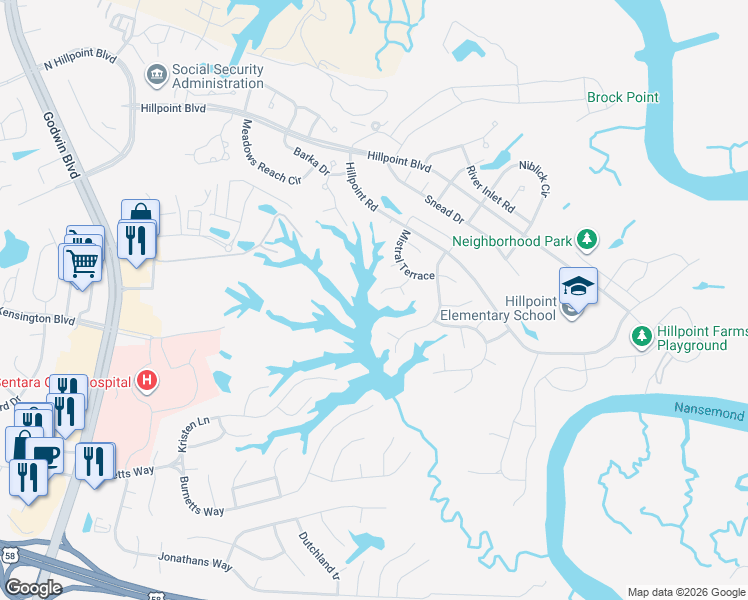 map of restaurants, bars, coffee shops, grocery stores, and more near 106 Trapfalls Court in Suffolk
