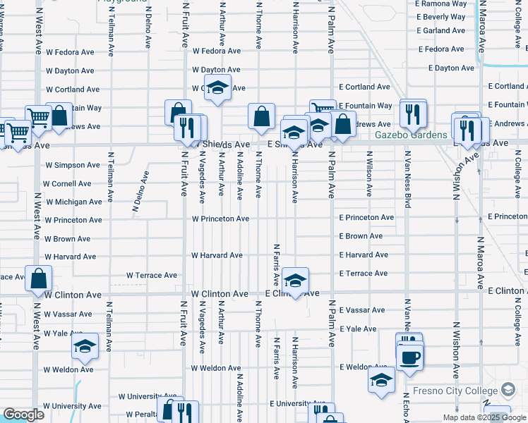 map of restaurants, bars, coffee shops, grocery stores, and more near 2818 North Thorne Avenue in Fresno