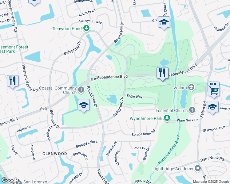 map of restaurants, bars, coffee shops, grocery stores, and more near 1029 Rolling Point Court in Virginia Beach