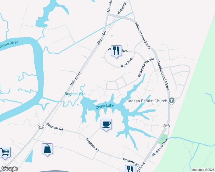 map of restaurants, bars, coffee shops, grocery stores, and more near 202 Dorset Way in Suffolk