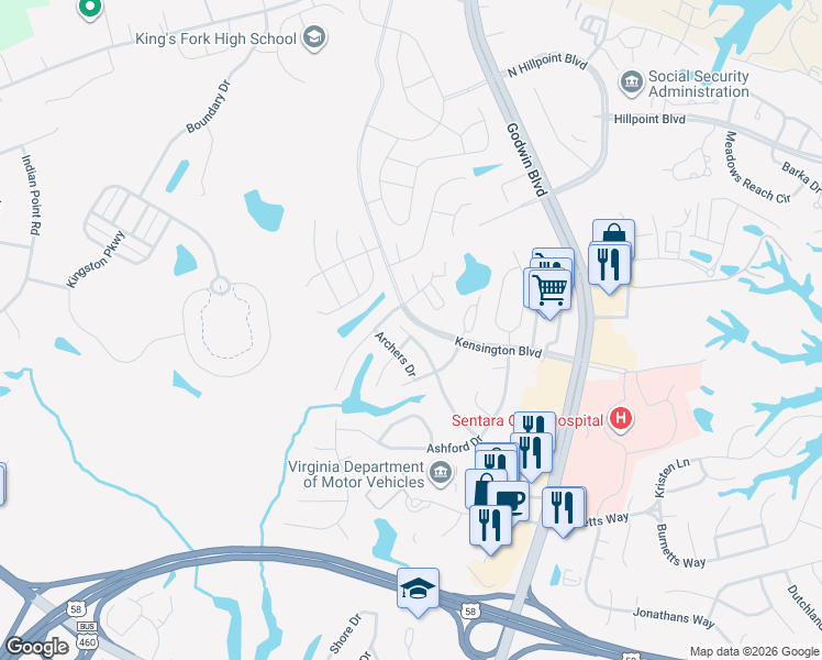 map of restaurants, bars, coffee shops, grocery stores, and more near 210 Archers Drive in Suffolk