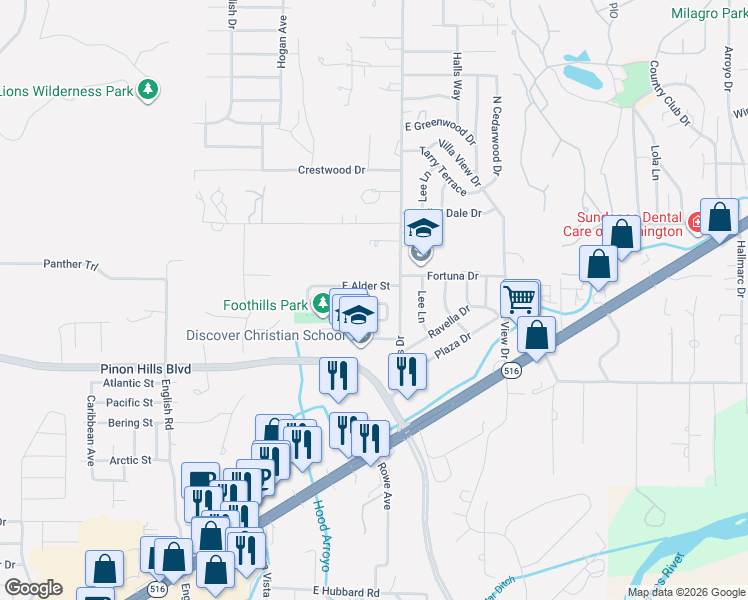 map of restaurants, bars, coffee shops, grocery stores, and more near 5518 Cypress Street in Farmington
