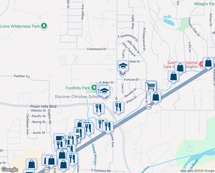 map of restaurants, bars, coffee shops, grocery stores, and more near 5518 Cypress Street in Farmington