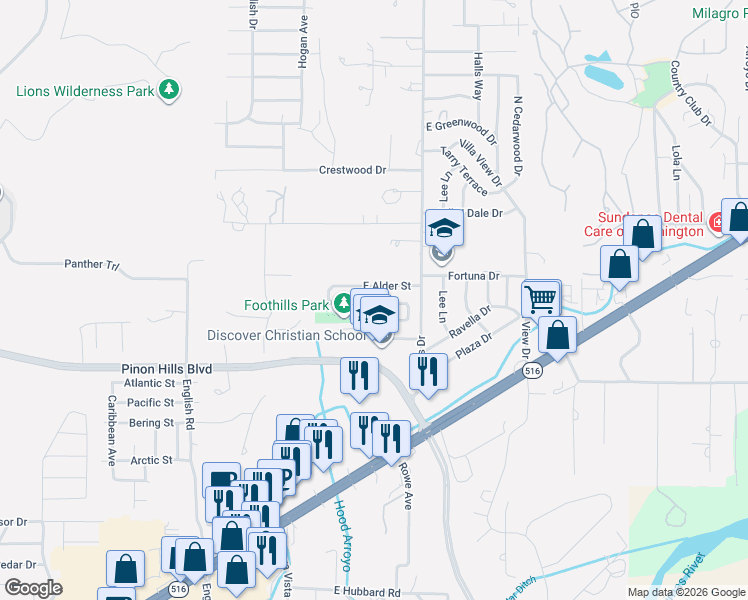 map of restaurants, bars, coffee shops, grocery stores, and more near 5518 Cypress Street in Farmington