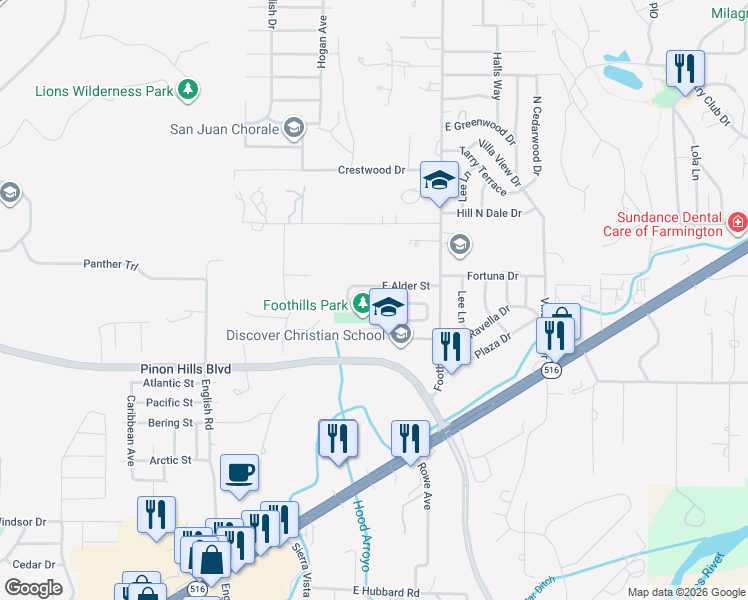 map of restaurants, bars, coffee shops, grocery stores, and more near 5431 East Beech Street in Farmington