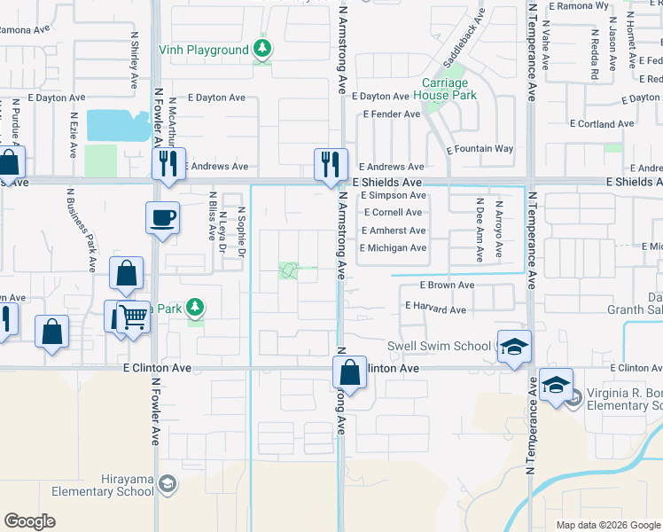 map of restaurants, bars, coffee shops, grocery stores, and more near 2710 North Armstrong Avenue in Fresno