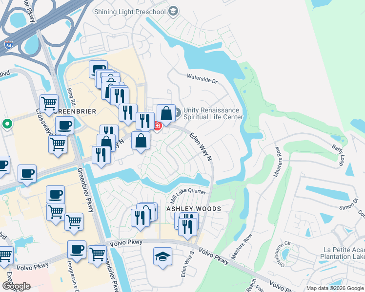 map of restaurants, bars, coffee shops, grocery stores, and more near 909 Scarlet Oak Court North in Chesapeake
