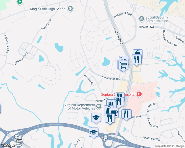 map of restaurants, bars, coffee shops, grocery stores, and more near 210 Archers Drive in Suffolk