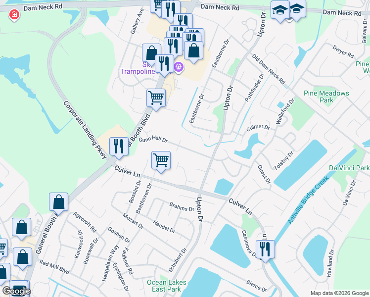 map of restaurants, bars, coffee shops, grocery stores, and more near 1191 Gunn Hall Drive in Virginia Beach