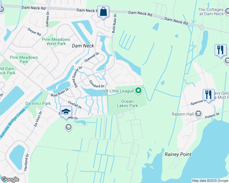 map of restaurants, bars, coffee shops, grocery stores, and more near 1776 Unicorn Drive in Virginia Beach