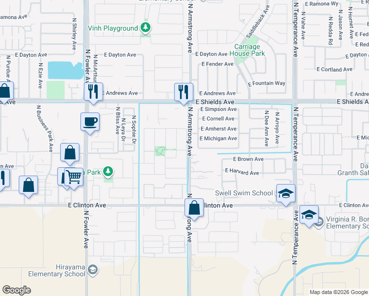 map of restaurants, bars, coffee shops, grocery stores, and more near 2710 North Armstrong Avenue in Fresno