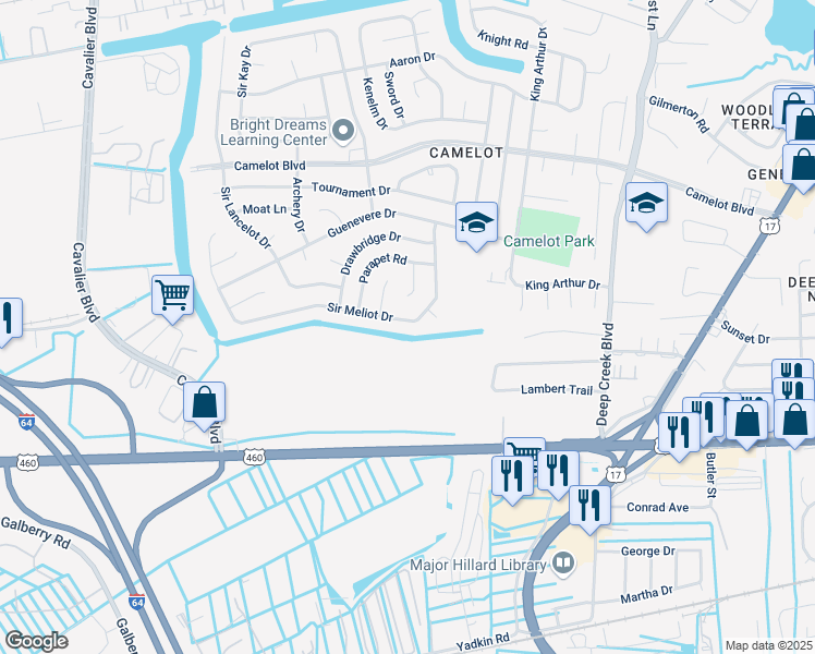 map of restaurants, bars, coffee shops, grocery stores, and more near 3013 Sir Meliot Drive in Chesapeake