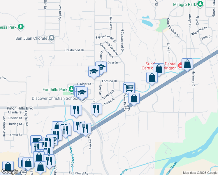 map of restaurants, bars, coffee shops, grocery stores, and more near 5801 Ravella Drive in Farmington