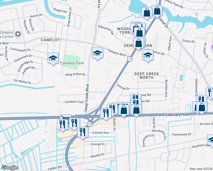 map of restaurants, bars, coffee shops, grocery stores, and more near 956 George Washington Highway North in Chesapeake