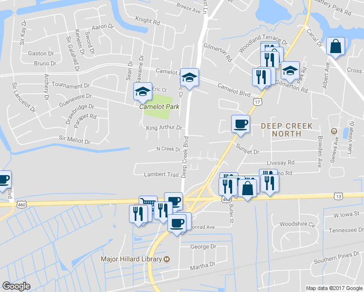 map of restaurants, bars, coffee shops, grocery stores, and more near 2800 North Creek Drive in Chesapeake