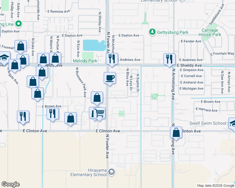 map of restaurants, bars, coffee shops, grocery stores, and more near 6094 East Homan Avenue in Fresno