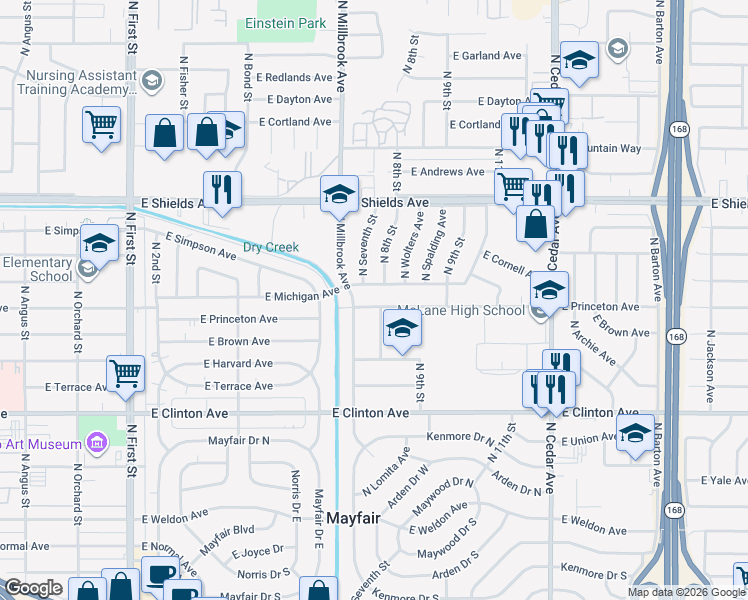 map of restaurants, bars, coffee shops, grocery stores, and more near 2722 North 8th Street in Fresno