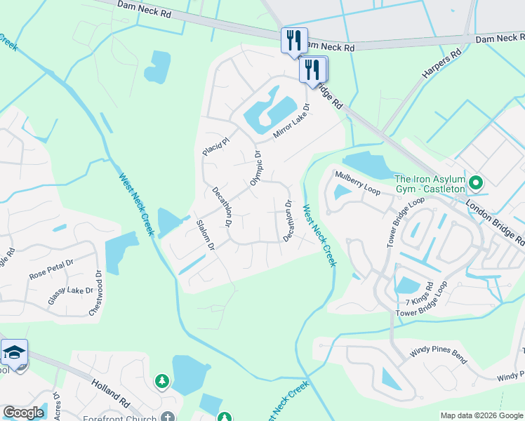 map of restaurants, bars, coffee shops, grocery stores, and more near 1900 McCauley Court in Virginia Beach