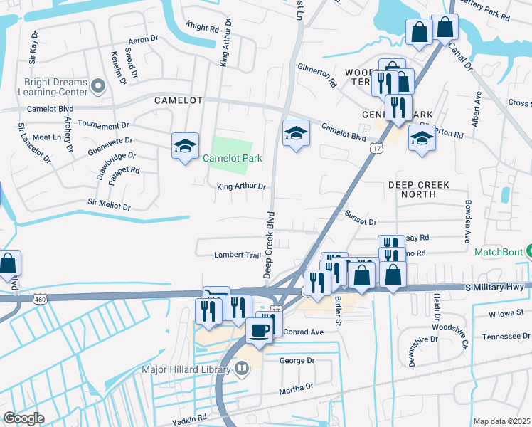 map of restaurants, bars, coffee shops, grocery stores, and more near 2800 North Creek Drive in Chesapeake