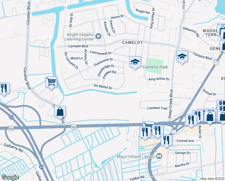 map of restaurants, bars, coffee shops, grocery stores, and more near 3013 Sir Meliot Drive in Chesapeake