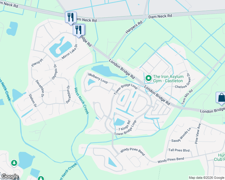 map of restaurants, bars, coffee shops, grocery stores, and more near 2604 Mulberry Loop in Virginia Beach