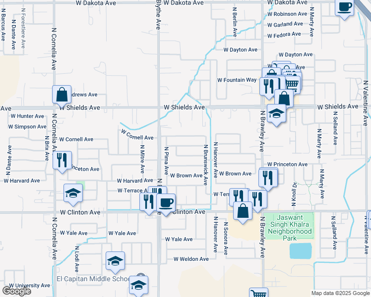 map of restaurants, bars, coffee shops, grocery stores, and more near 4295 West Amherst Avenue in Fresno