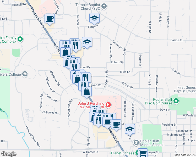 map of restaurants, bars, coffee shops, grocery stores, and more near 1811 Big Bend Road in Poplar Bluff