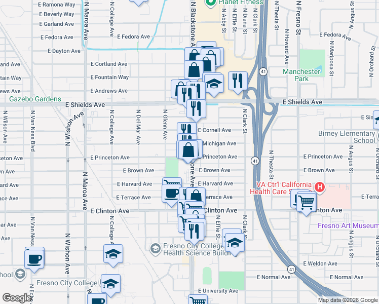 map of restaurants, bars, coffee shops, grocery stores, and more near 2819 North Blackstone Avenue in Fresno