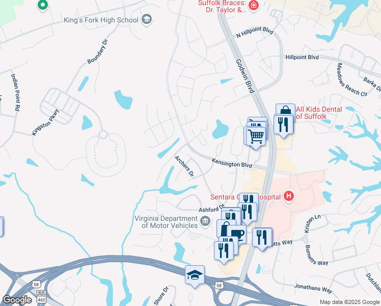 map of restaurants, bars, coffee shops, grocery stores, and more near 210 Archers Drive in Suffolk