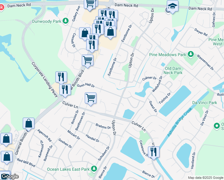 map of restaurants, bars, coffee shops, grocery stores, and more near 1177 Gunn Hall Drive in Virginia Beach