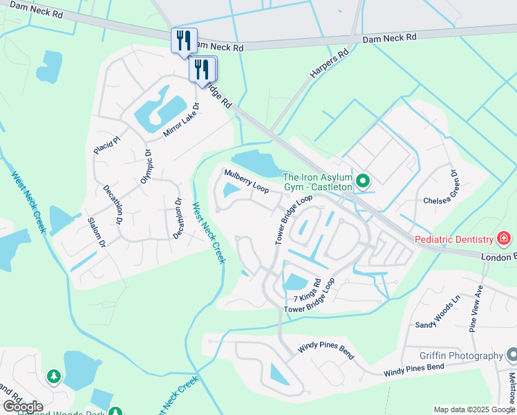 map of restaurants, bars, coffee shops, grocery stores, and more near 2544 Mulberry Loop in Virginia Beach
