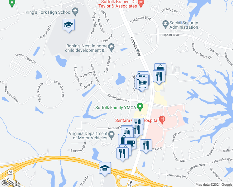 map of restaurants, bars, coffee shops, grocery stores, and more near 274 Craftsman Circle in Suffolk
