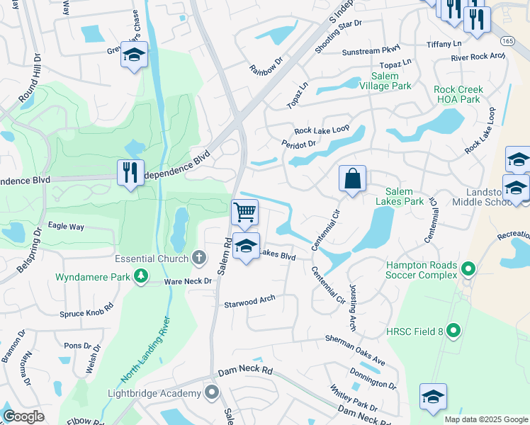 map of restaurants, bars, coffee shops, grocery stores, and more near 3927 Morning Light Lane in Virginia Beach