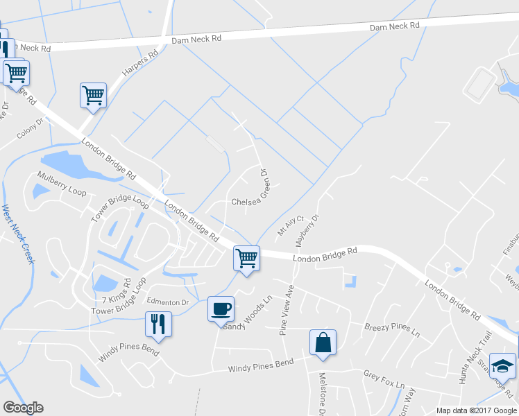 map of restaurants, bars, coffee shops, grocery stores, and more near 1876 Chelsea Green Drive in Virginia Beach