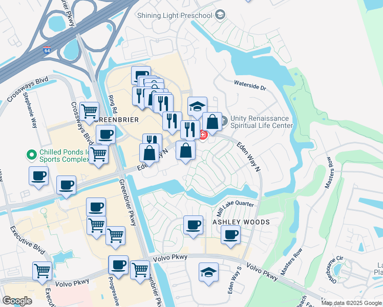 map of restaurants, bars, coffee shops, grocery stores, and more near 1025 Eden Way North in Chesapeake